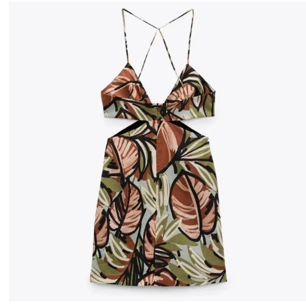 New Zara Side Cutouts Spaghetti Straps Tropical Print Linen Blend Mini Dress - Picture 6 of 9